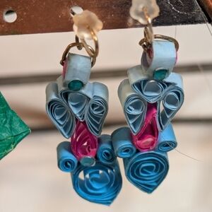 Handmade Blue Pink Paper Quilling Earrings Summer Spring Jewelry
